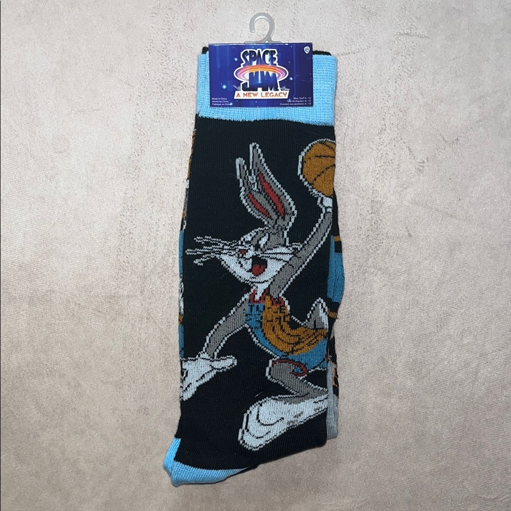 Bugs Bunny Looney Toons Tune Squad Black & Light Blue Crew Socks Pair Of 2